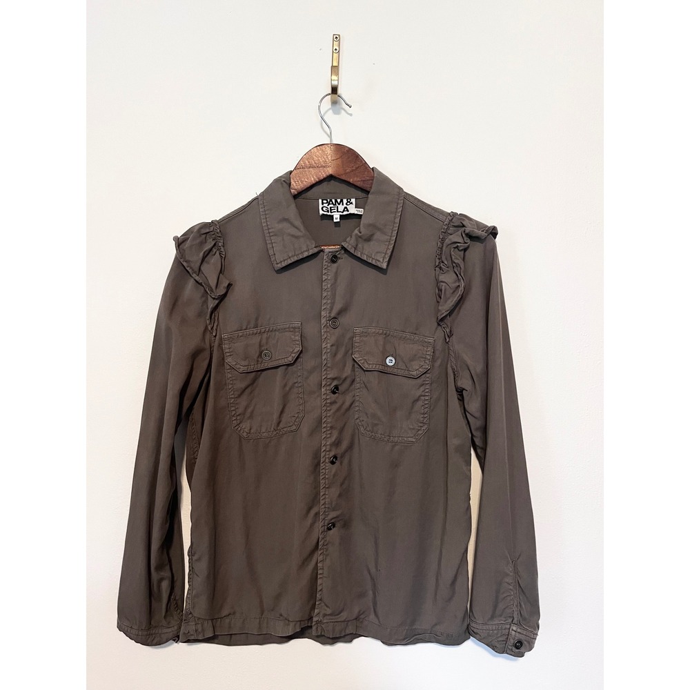 Pam & Gela Women Gray Ruffle Shoulder Utility Button Down Shirt Jacket Size M